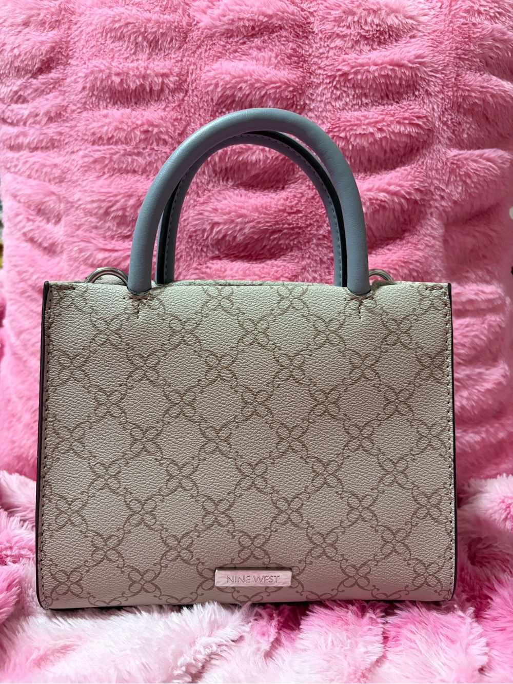 Nine West Beige Printed Top-Handle Satchel with Gray Handles